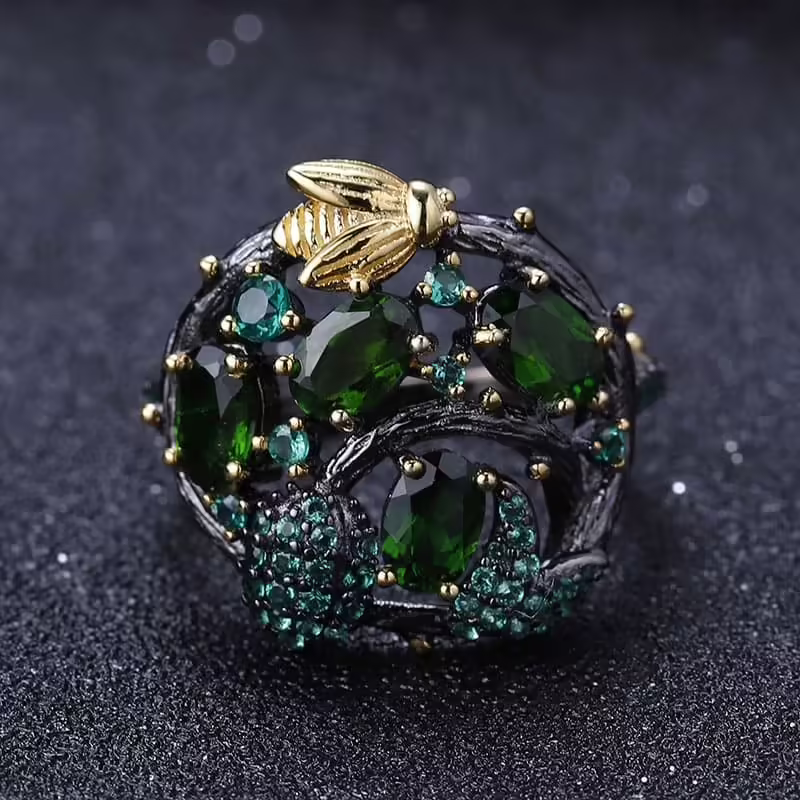 Schwarz Ring mit Diopsid Stein