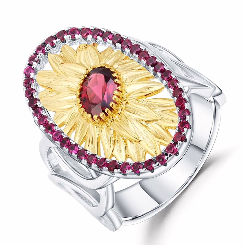 Sonnenblumen Ring Silber mit Rosengranat