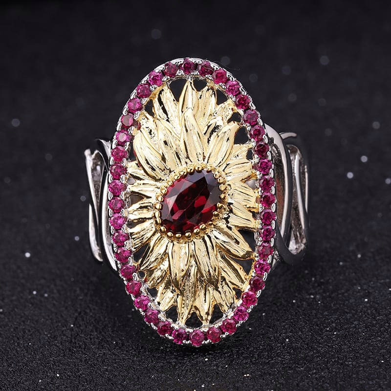 Sonnenblumen Ring Silber mit Rosengranat