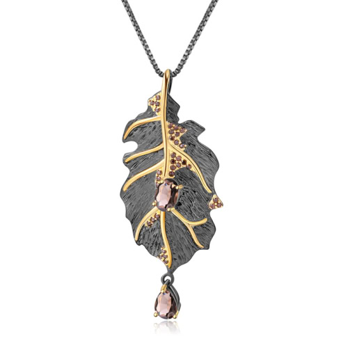 Damen Blatt Kette mit Rauchquarz