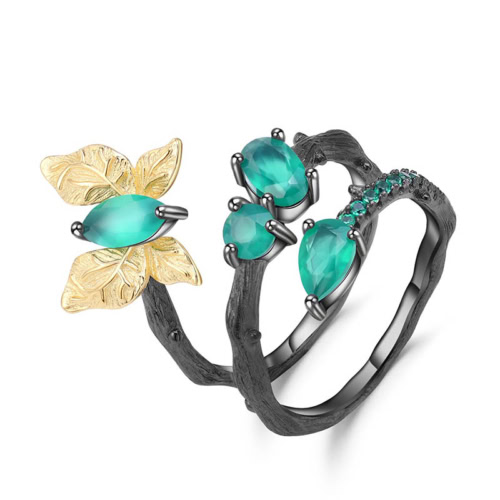 Schwarz Butterfly Ring mit Grün Achat