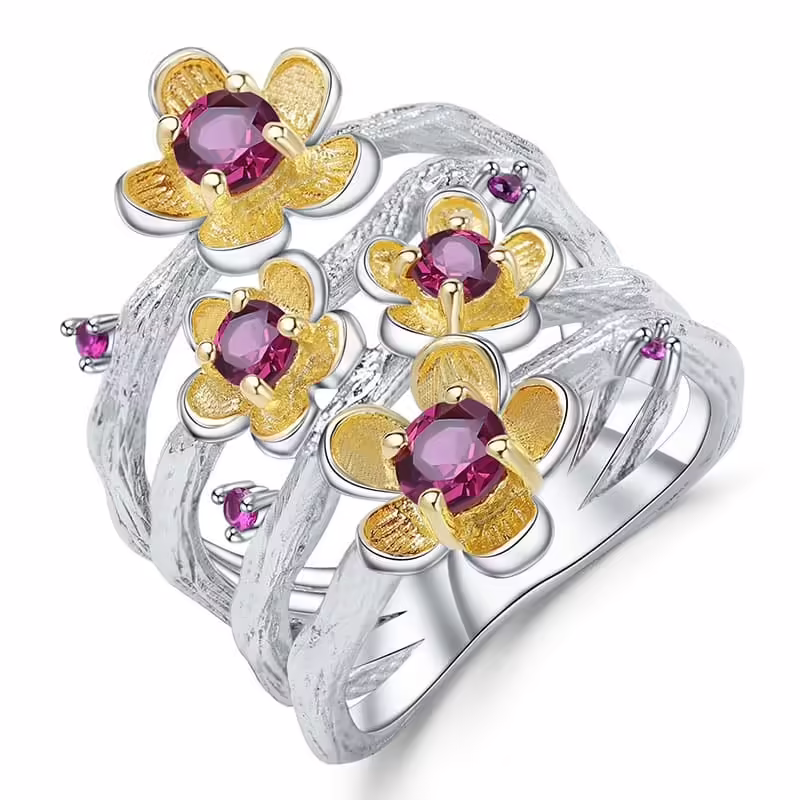 Rosengranat Blumen Ring aus Silber