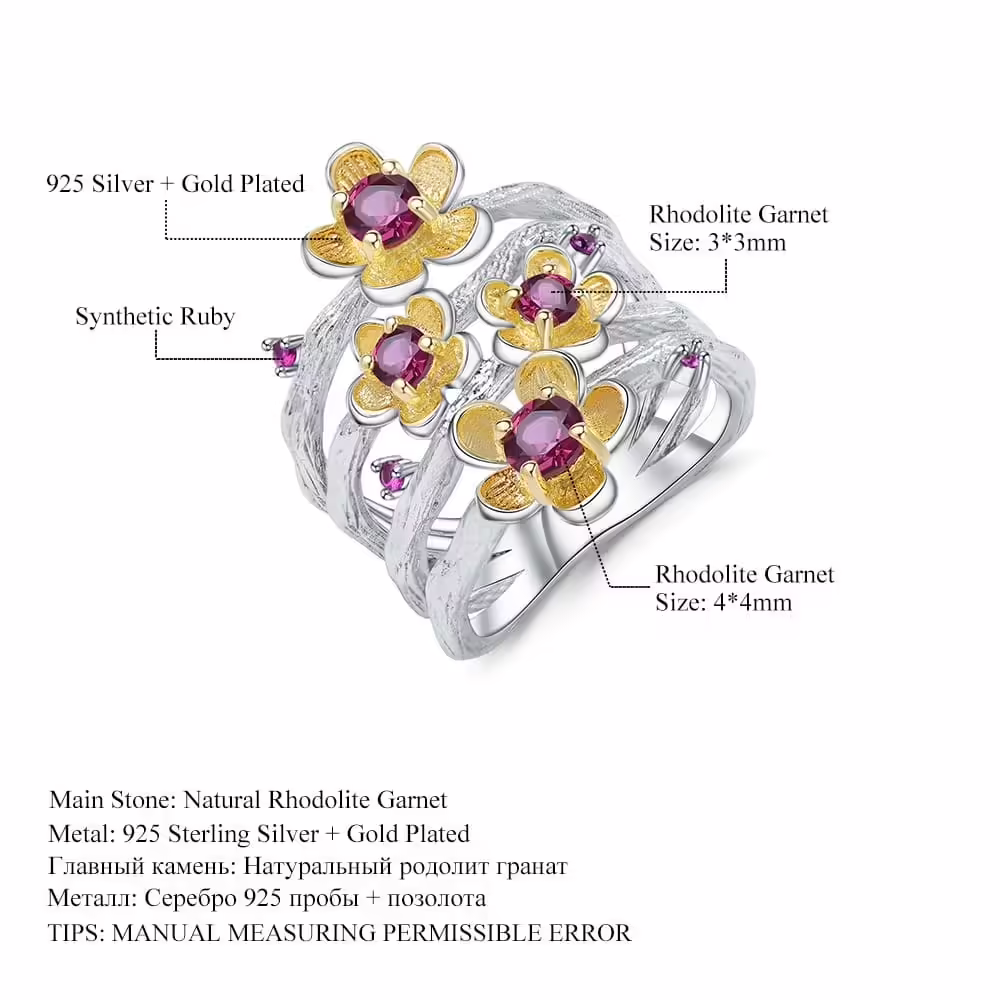 Rosengranat Blumen Ring aus Silber